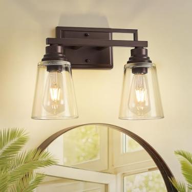 Imagem de Refice Luzes de banheiro sobre o espelho, arandelas de parede vintage de 2 luzes com persianas de vidro transparente para espelho, sala de estar, casa de fazenda, corredor (lâmpadas não incluídas)