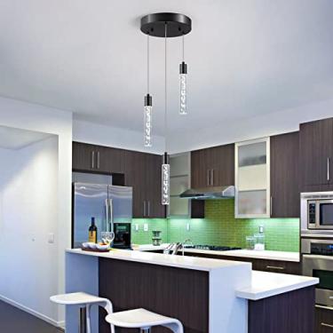 Imagem de Voerqi 3 luzes pendentes pretas ilha de cozinha moderna com altura ajustável - luzes de ilha cilíndricas transparentes, iluminação pendente de cozinha regulável 3000-6000K para sala de jantar, balcão