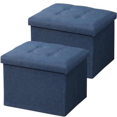 Imagem de AmasSmile 2Pc Armazenamento Otomano Dobrável Descanso de Pés Banco, 17 Polegadas Linho Banco de Apoio de Pés, Banco Otomano Curto, Armazenamento Descanso de Pés Loja, Livros, Azul