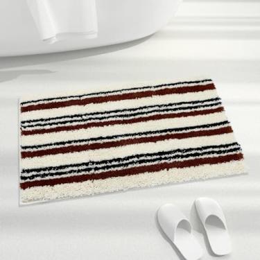 Imagem de Tapete de banheiro listrado marrom antiderrapante, tapete de banho de microfibra absorvente fofo lavável, tapete de banheiro fofo para pia, banheira e chuveiro, 61 cm x 40 cm