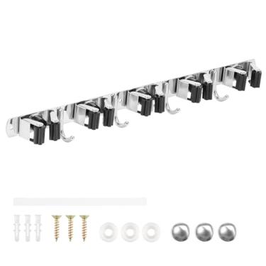 Imagem de ZJRDYYK Suporte de parede para esfregão e vassoura, organizador de vassouras de aço inoxidável, suporte de ferramentas para casa, cozinha, jardim, lavanderia, garagem, porão (5 prateleiras e 4 ganchos