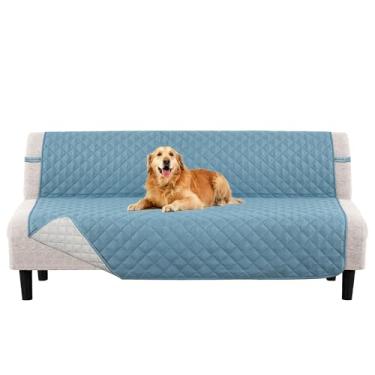 Imagem de PrinceDeco Futon Capa protetora para cama futon sem braços, com fundo elástico, reversível, acolchoada, capa de sofá de até 178 cm, resistente à água para animais de estimação, azul