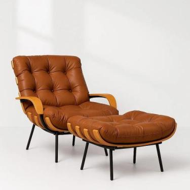 Imagem de Poltrona Costela Com Braço E Puff Sintético Caramelo - Straso Móveis