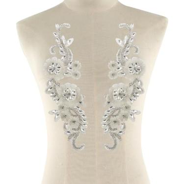Imagem de FALESOUL 2 peças feitas à mão com strass com contas e apliques de roupas DIY, ferramenta de costura artesanal de renda de corpete para decoração de fantasia floral DIY (prata)