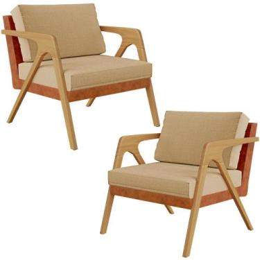 Imagem de Kit 02 Poltronas Sala L02 material sintético Camel Linho Bege Escuro -