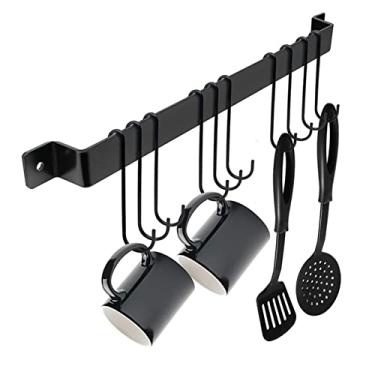 Imagem de Prateleira para panelas de 17,3 polegadas, toalheiro multifuncional, cozinha, montado na parede, tampa de frigideira removível, organizador de utensílios, trilho suspenso com 10 ganchos, preto