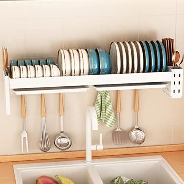 Imagem de AKALNNB Suporte de utensílios de parede de cozinha, organizador de pratos, prateleira de armazenamento de aço inoxidável, escorredor de louça, com placa de drenagem e ganchos, gaiola de pauzinhos