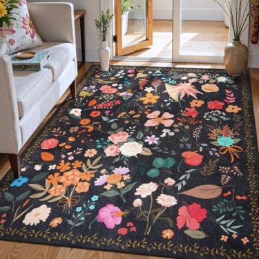Imagem de Tapete floral para quarto, 10 x 15 cm, lavável, boho, antiderrapante, tapete pequeno, para quarto, cabeceira, quarto de crianças, escritório, sala de jogos, entrada, sala de jantar