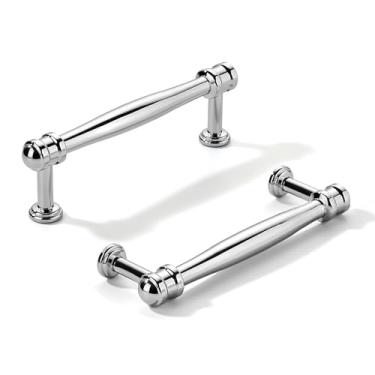 Imagem de khtumeware Pacote com 2 puxadores de armário cromados polidos centrais de 3-3/4 polegadas (96 mm), alça sólida para armário de cozinha resistente, ferragens de armário para penteadeira, puxador de