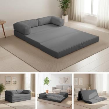 Imagem de NLDD Sofá-cama conversível casal, sofá dobrável 5 em 1, sofá-cama de veludo cotelê futon, colchão dobrável triplo com apoios de braços e alça removíveis, dorminhoco com cama de puxar para espaço