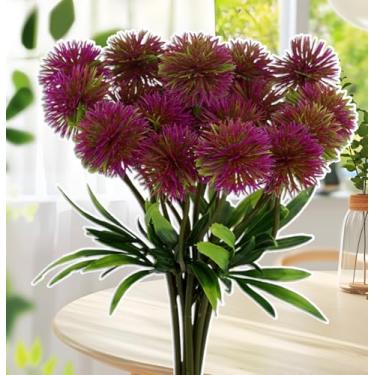 Imagem de 5 peças de flores artificiais de dente-de-leão, plantas de plástico, arbustos, grama falsa, casamento, interior, exterior, casa, jardim, decoração, enchimento, plantador (roxo, 26 x 5 cm)