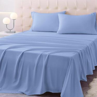 Imagem de Homilay Jogo de lençol solteiro GG - 3 peças de lençóis de microfibra macia com bolsos profundos, tecnologia de resfriamento e fronha sem rugas. Qualidade de hotel, roupa de cama durável, azul