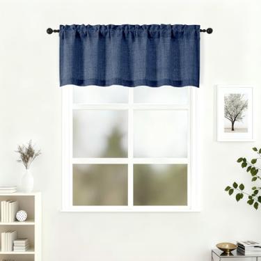 Imagem de Lecloud Saia azul marinho para janela de 45,7 cm de comprimento, cortinas de cozinha macias texturizadas de linho sintético com filtro leve, cortinas curtas com bolsos de haste para banheiro, porão de