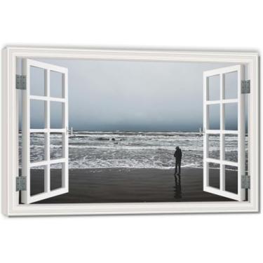 Imagem de Impressão em tela de ilusão de janela falsa AloneArtistic, arte de parede com vista panorâmica real para sala de estar 50 x 75 cm emoldurada