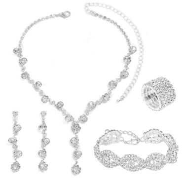 Imagem de MONAZEO Conjunto de 5 peças de brincos de formatura, colar, pulseira, elegante, cristal, strass, colar, pulseira, anel, noiva, casamento, formatura, fantasia, joias, conjuntos para mulheres, Metal,