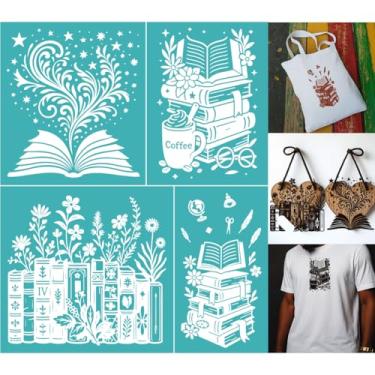 Imagem de GOMAKERER 2 folhas de estêncil de serigrafia, livro com flores, estêncil, tela de seda autoadesiva reutilizável para pintura na parede, madeira, camiseta, tecido, decoração de artesanato doméstico, 21