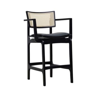 Imagem de Banqueta Alta Bistrô Apollo Com Braços Encosto Telinha Natural E Assento Anatômico - Preto Estofado Corano Preto