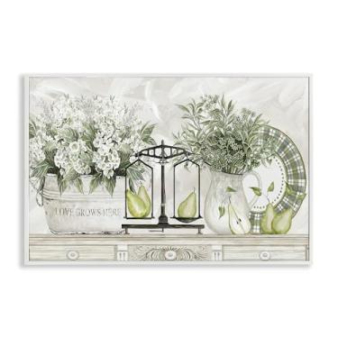 Imagem de Stupell Industries Flores e peras na prateleira, arte giclée emoldurada cinza, design por Cindy Jacobs, 40,6 x 61 cm