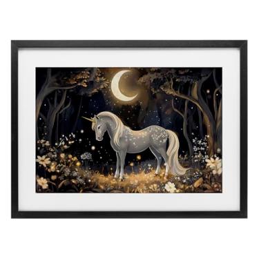 Imagem de Stupell Industries Impressão emoldurada branca de unicórnio de conto de fadas iluminada pela lua, design da Creative Studio, 43 x 58 cm