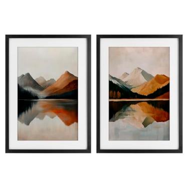 Imagem de Stupell Industries Terracotta Reflections Mountains and Lake 2 peças impressão emoldurada preta sob o conjunto de vidro, design por Petal Prints Design, 23 x 17