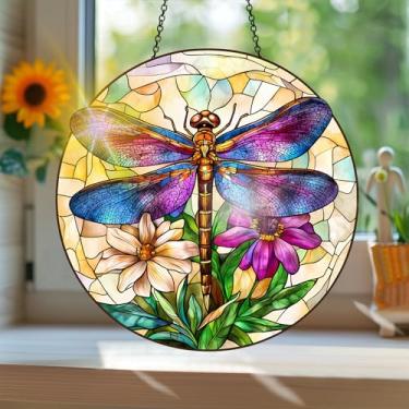 Imagem de Acrílico colorido Suncatcher, apanhador de sol estilo vitral impresso libélula com reflexos de arco-íris, decoração de janela suspensa, decoração de parede, ornamentos de Natal para uso interno e