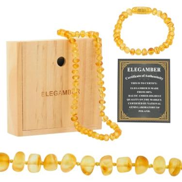 Imagem de ELEGAMBER Conjunto de colar de âmbar feito à mão - 100% certificado e autêntico âmbar báltico - contas âmbar genuínas, 12,5 + 14 cm (traje conhaque)