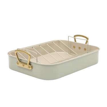 Imagem de Gibson Home Assadeira antiaderente Broxton de 2 peças com rack – Assadeira de peru verde menta de 40,6 x 30,5 cm com alças douradas de alumínio fundido – Seguro para forno, fácil de limpar, panelas de