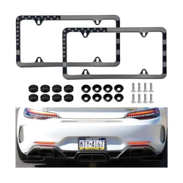 Imagem de FALVFUN Moldura de placa de carro bandeira americana, 2 peças de aço inoxidável polido espelho capa de placa de licença de veículo com parafusos e tampas, 4 furos antiferrugem suporte de etiqueta
