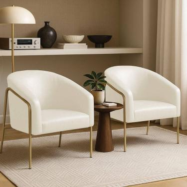 Imagem de Poltrona Sala Industrial Alta Dourado Kit 2 Stella Sintético Pu D03 - D`rossi Cor Bege