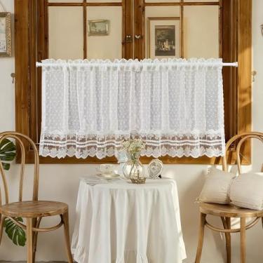 Imagem de Cortina transparente creme, 50,8 cm de comprimento, para cozinha, janelas pequenas, bolinhas, renda, café, cortina, curta, vintage, francesa, bordada, floral, voile, camadas de tratamento de janela, 1