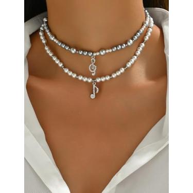 Imagem de Conjunto de colar gargantilha curta em camadas multiestilo para mulheres - corrente de clavícula individual - pérola/corrente/pingente multicamadas - nota musical ou opção de cruz, One Size, Metal
