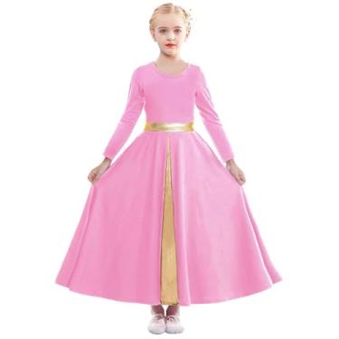 Imagem de ELLYDOOR Vestido de dança de louvor de manga comprida para meninas, saia rodada, adoração litúrgica, fantasia de igreja, roupa de dança, 2301 rosa, 13-14 Anos