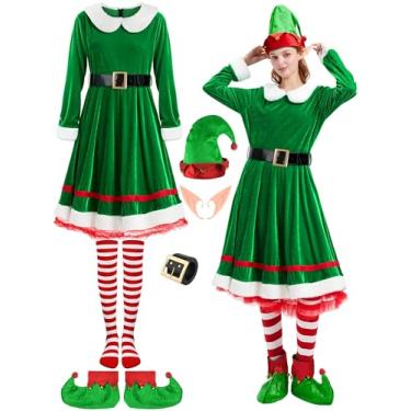Imagem de FancyFun Pacote com 6 fantasias de elfo para mulheres, roupa de Natal, vestido de veludo, ajudante do Papai Noel, cinto, meias, chapéu de elfo, sapatos cosplay