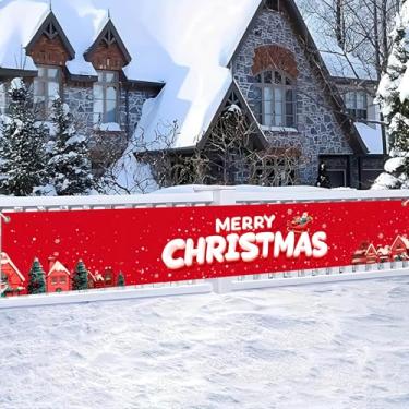 Imagem de HOMETITUTE Faixa de Feliz Natal 395 x 50 cm, trenó de Papai Noel, cenário de cidade vermelha, decorações de Natal ao ar livre, para cerca, quintal, parede, varanda, festa, celebração, banner, pendurar