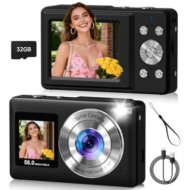 Imagem de Câmera digital, tela dupla de 56 MP com foco automático, captura de sorriso, antirvibração, zoom de 16x, cartão SD de 32 GB, presente Digicam para meninos, meninas e adolescentes