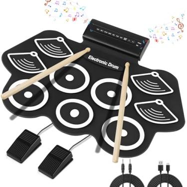 Imagem de Bateria Eletrônica Instrumento Musical Portátil de Silicone Preto com 9 Pads, Pedais, Baquetas, MIDI Ideal para Crianças, iniciantes, Músicos, Prática Musical em Casa