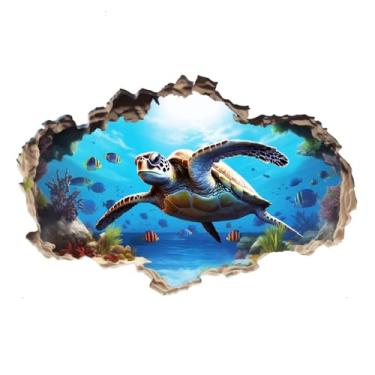 Imagem de MaiKeAYang Decalques de parede 3D, murais, decorações de parede de vinil removíveis, tartarugas marinhas do mundo subaquático para sala de estar, quartos de bebê, quarto, banheiro, casa, parede