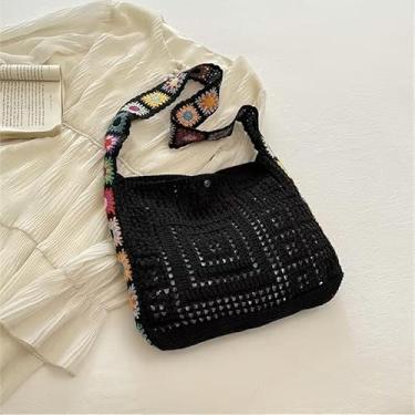 Imagem de Bolsa de ombro feminina de crochê moderna de malha, bolsa de mão, bolsa de praia, preta