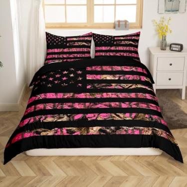 Imagem de Feelyou Jogo de cama Queen com bandeira americana, rosa choque, camuflagem, edredom para meninos, ramos de caça, capa de edredom respirável, camuflagem, caçador, capa de edredom para decoração de