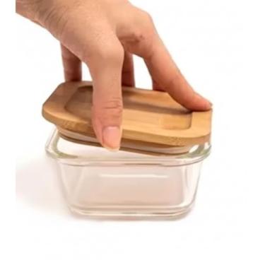 Imagem de Pote 320Ml De Vidro Com Tampa De Bambu Quadrado Raso - Oikos
