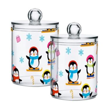 Imagem de Qilmy Qtip Suporte de boticário de 400 ml, fofo pinguim de Natal com tampa, dispensador de recipiente de banheiro para bola de algodão, cotonete, fio dental, pacote com 2