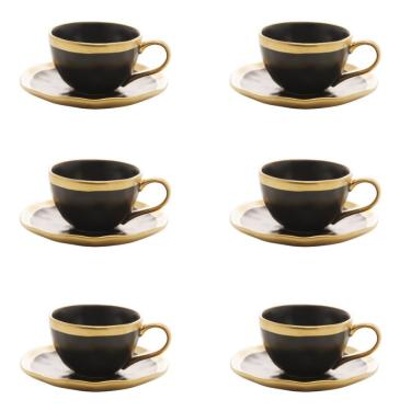 Imagem de Conjunto De Xícara De Cafezinho Com Pires 06 Peças Dubai Preto E Dourado 90ml Wolff