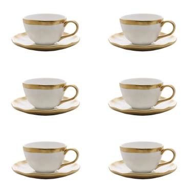 Imagem de Conjunto De Xícara De Cafezinho Com Pires 06 Peças Dubai Branco E Dourado 90ml Wolff