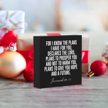 Imagem de Decoração de mesa cristã inspiradora presentes religiosos para mulheres homens versículo bíblico Jeremias 29:11 sinal de caixa para escritório em casa, sala de estar, igreja, cozinha, quarto, mesa