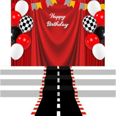 Imagem de 2 peças de decoração de aniversário de carro de corrida vermelho bandeira de corrida pano de fundo de carro 1,8 x 1,2 m e pista de corrida para meninos carros faixa temática festa evento esporte chá
