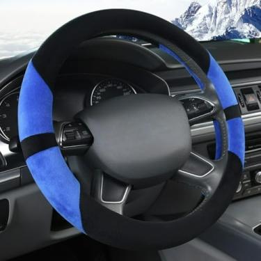 Imagem de Knonip Capa de volante de lã de cristal esportiva, aderência antiderrapante curta de inverno de 38 cm, ajuste elástico universal para um protetor de roda de carro esportivo de luxo (azul)