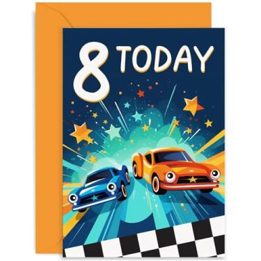 Imagem de Cartão de aniversário de 8 anos da Old English Co. para menino ou menina - Cartão de aniversário de carros de corrida para criança - Cartão de aniversário para ele ou ela - Cartão de aniversário de