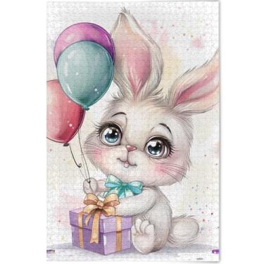 Imagem de Quebra-cabeça de coelho fofo desenho animado coelho personalizado 1000 quebra-cabeças para adultos presentes para jogo de elefante branco natureza divertido cenário arte animal, 75 cm x 50 cm