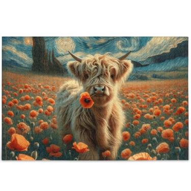 Imagem de Quebra-cabeça floral estrelado de papoula de vaca Highland para adultos, 1000 peças, jogo de natureza, engraçado, arte privilegiada, animal, floral, 75 x 50 cm