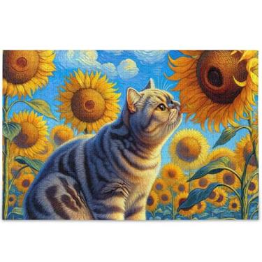 Imagem de Quebra-cabeça britânico gato de pelo curto girassol adultos 500 peças amigos família jogo presentes personalizado paisagem paisagem paisagem arte arte, 52 cm x 37,8 cm